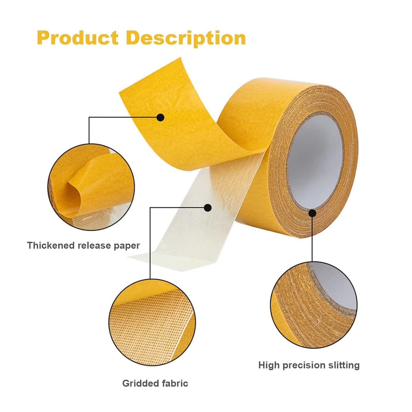 Double Sided Tape Heavy Duty, 2 in X 66 FT (20m) Double Sided Adhesive Tape Super Sticky Carpet Tape Fabric Strong Wall Mounting Tape (Yellow)
