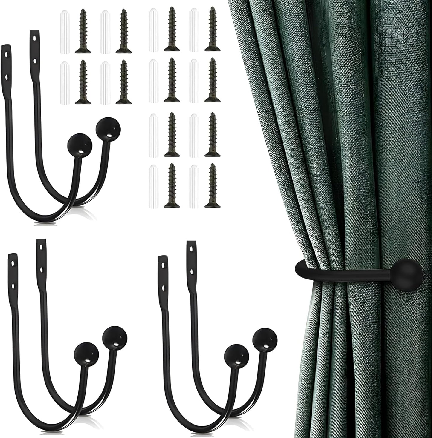 6 Pcs Curtain Holdbacks Curtain Tiebacks, U Shaped Curtain Hooks Wall Mount Window Curtain Holder (Black)