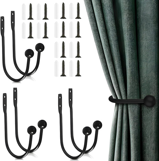 6 Pcs Curtain Holdbacks Curtain Tiebacks, U Shaped Curtain Hooks Wall Mount Window Curtain Holder (Black)