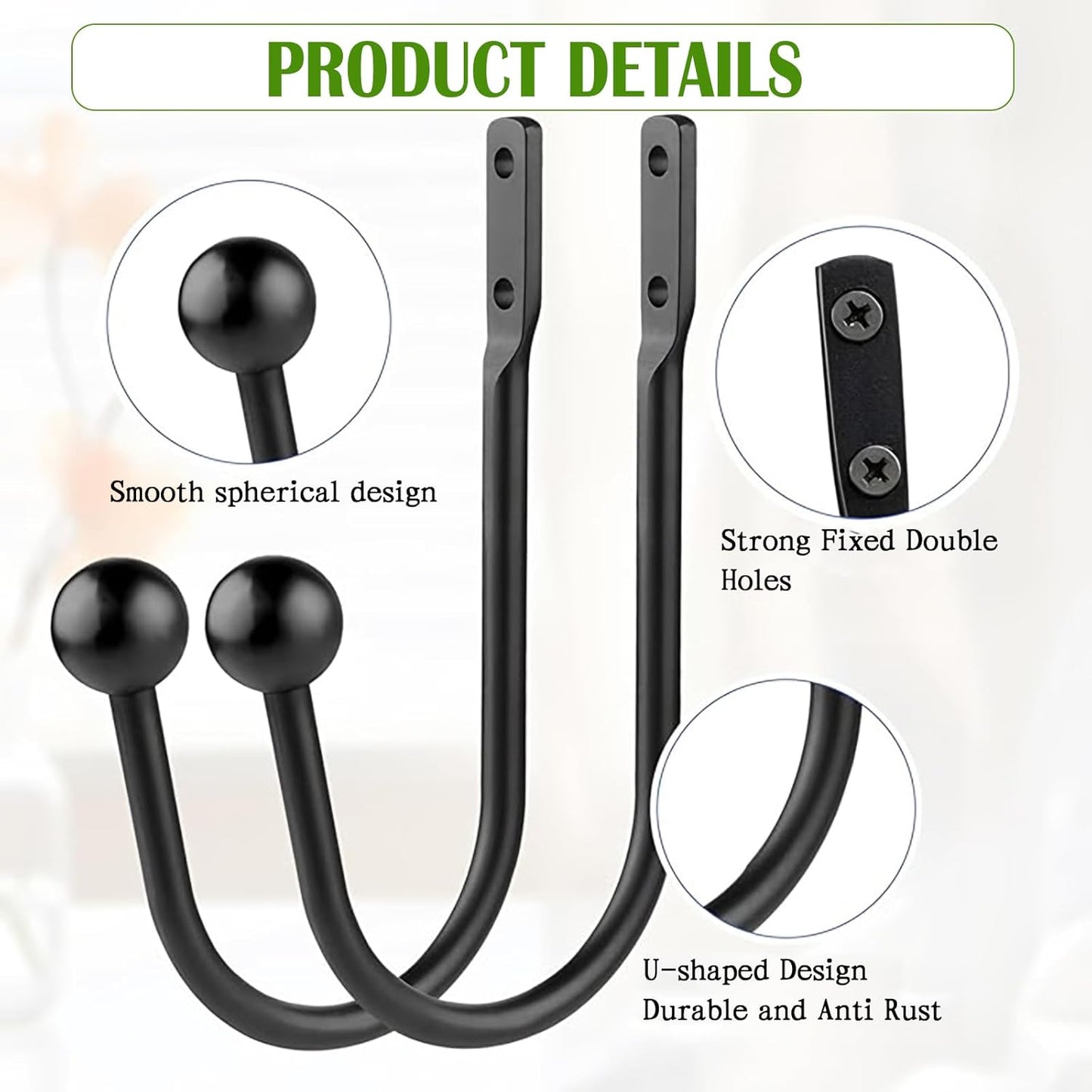 6 Pcs Curtain Holdbacks Curtain Tiebacks, U Shaped Curtain Hooks Wall Mount Window Curtain Holder (Black)