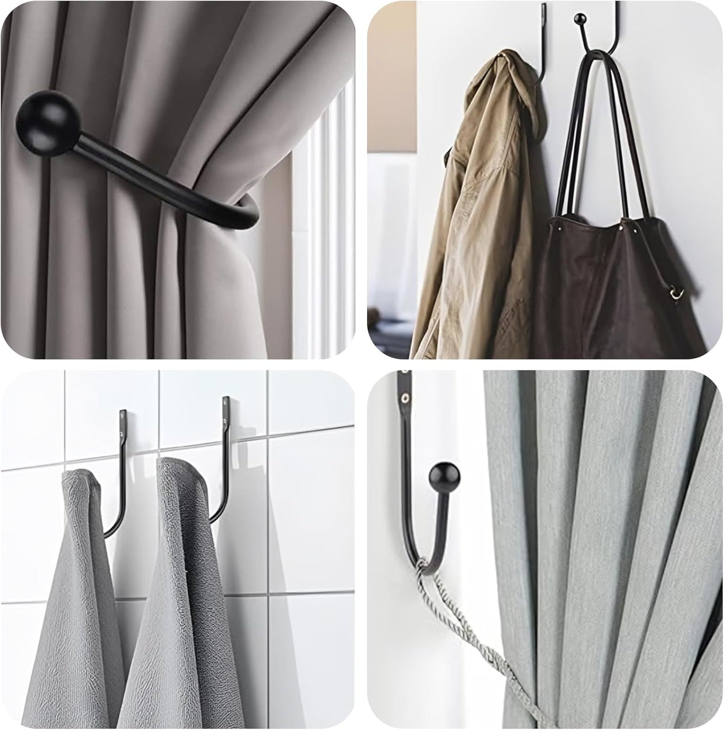 6 Pcs Curtain Holdbacks Curtain Tiebacks, U Shaped Curtain Hooks Wall Mount Window Curtain Holder (Black)