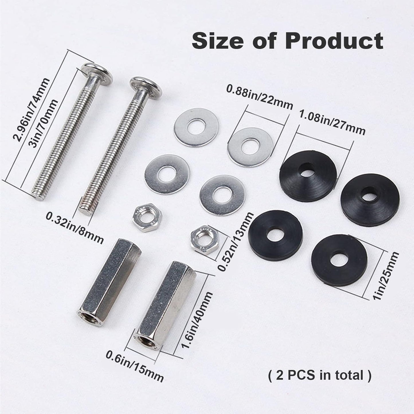 Toilet Tank to Bowl Bolt Kits, 2 Pack Toilet Bolt Kit for Tank Heavy Duty Washers and Round Cover Caps with Extra Long Nut Screw (Silver)