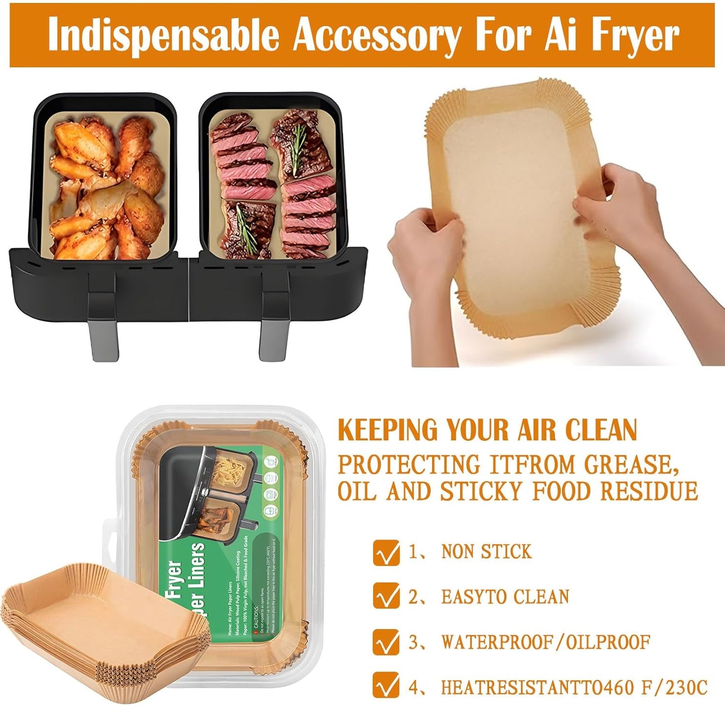 Air Fryer Liners, 200 Pcs Rectangular Parchment Paper Liner Non-Stick and Oil Proof for Easy Cleanup 8x5.5 inch Airfryer Parchment Liners Accessories for DZ201, DZ401, FG551