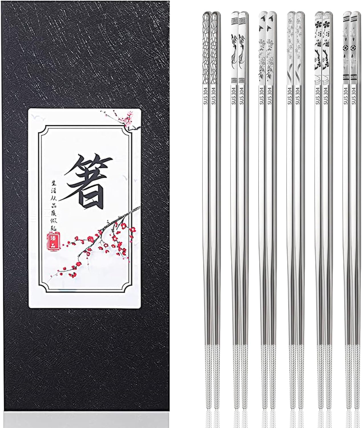 Stainless Steel Chopsticks, Reusable Metal Chopsticks Square Lightweight Chop Sticks Set Dishwasher Safe - 6 Pairs (Silver)
