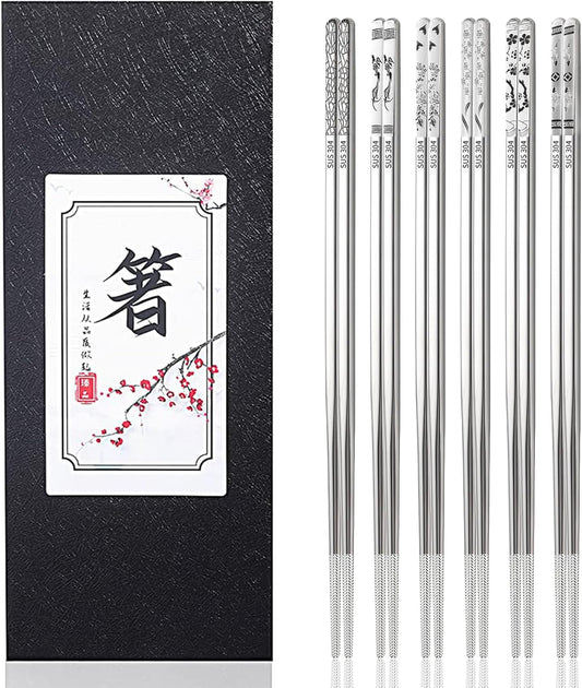 Stainless Steel Chopsticks, Reusable Metal Chopsticks Square Lightweight Chop Sticks Set Dishwasher Safe - 6 Pairs (Silver)