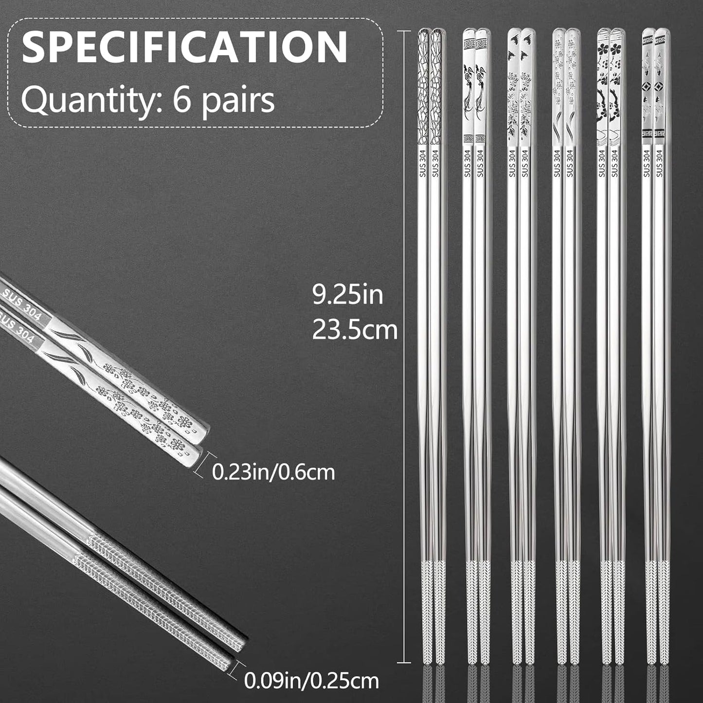 Stainless Steel Chopsticks, Reusable Metal Chopsticks Square Lightweight Chop Sticks Set Dishwasher Safe - 6 Pairs (Silver)