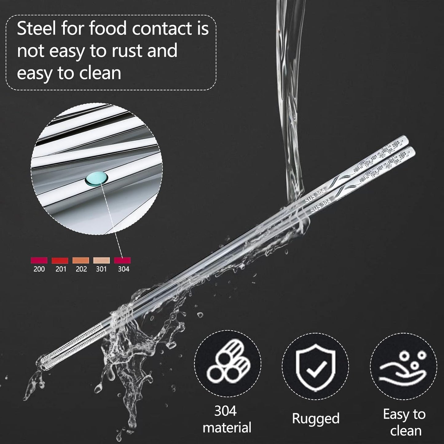 Stainless Steel Chopsticks, Reusable Metal Chopsticks Square Lightweight Chop Sticks Set Dishwasher Safe - 6 Pairs (Silver)