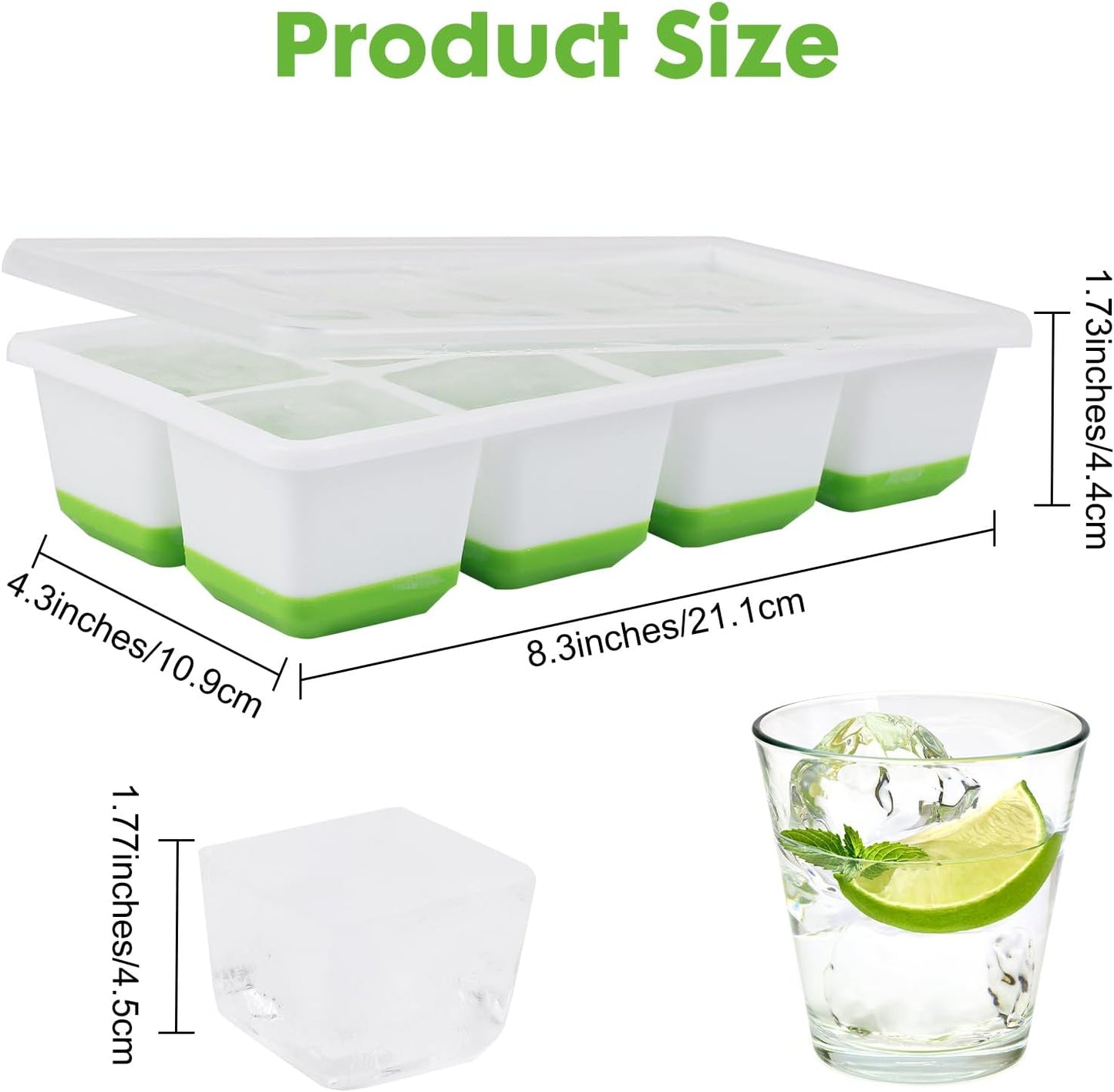 Ice Cube Tray, 2 Pack Large Ice Cube Molds with Lid, Reusable 8-Ice Cube Molds with Bottom Silicone for Freezer, Juices, Whiskey, Cocktails, Coffee (Green)