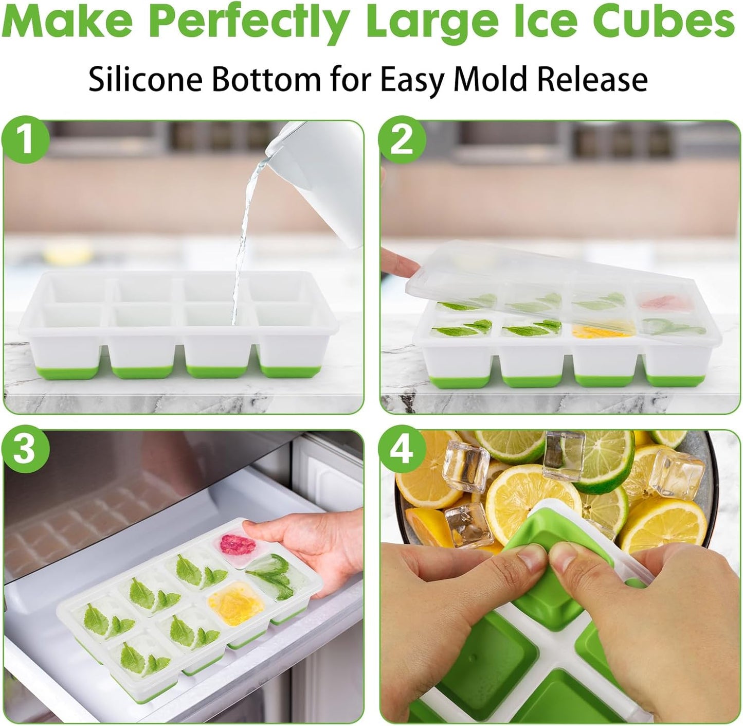 Ice Cube Tray, 2 Pack Large Ice Cube Molds with Lid, Reusable 8-Ice Cube Molds with Bottom Silicone for Freezer, Juices, Whiskey, Cocktails, Coffee (Green)