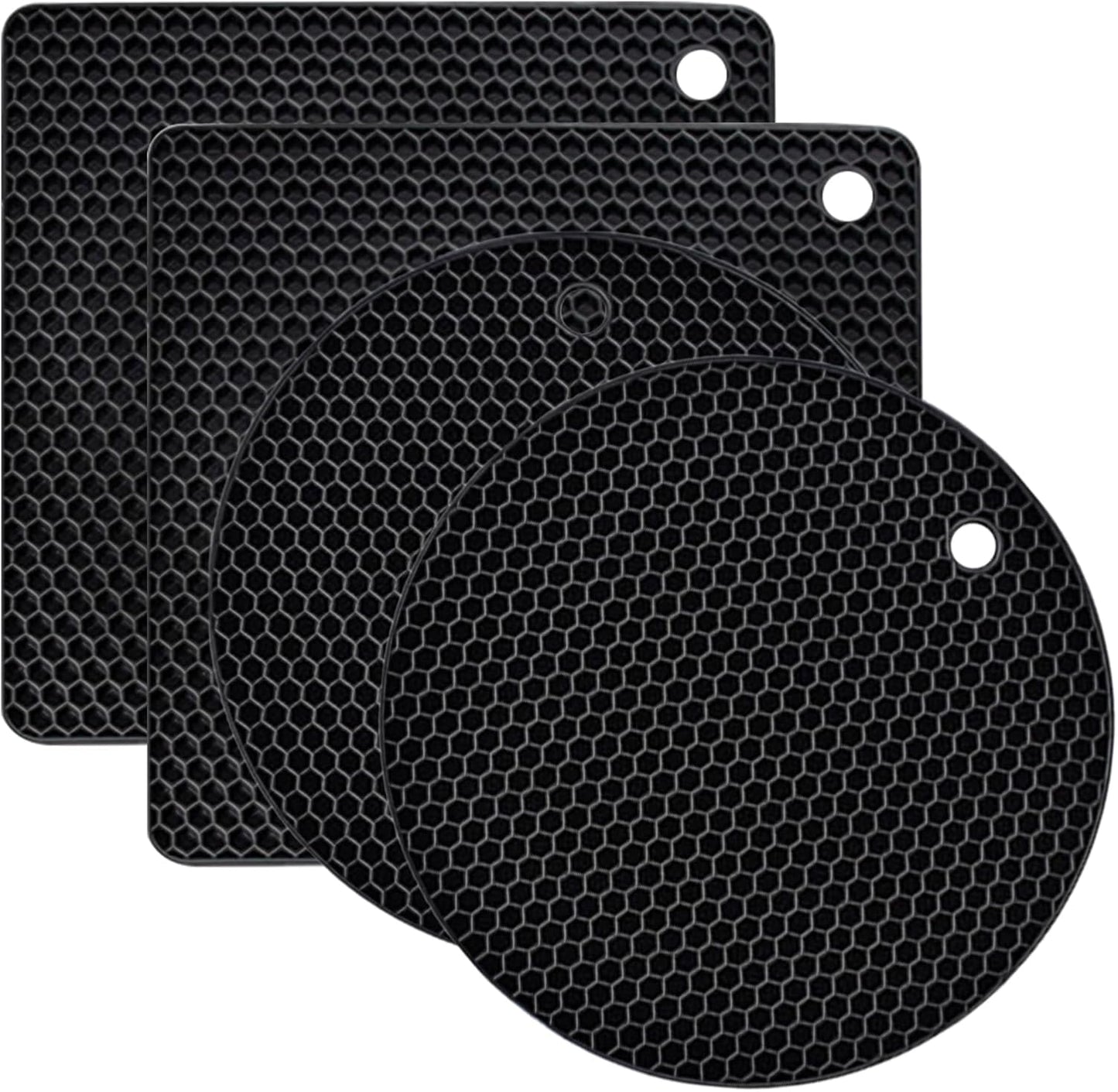 4 Pack Silicone Trivet Mats, Heat Resistant Pot Holders Non-Slip Hot Pads for Kitchen, Silicone Trivets for hot pots 2 Square and 2 Round Mats (Black)