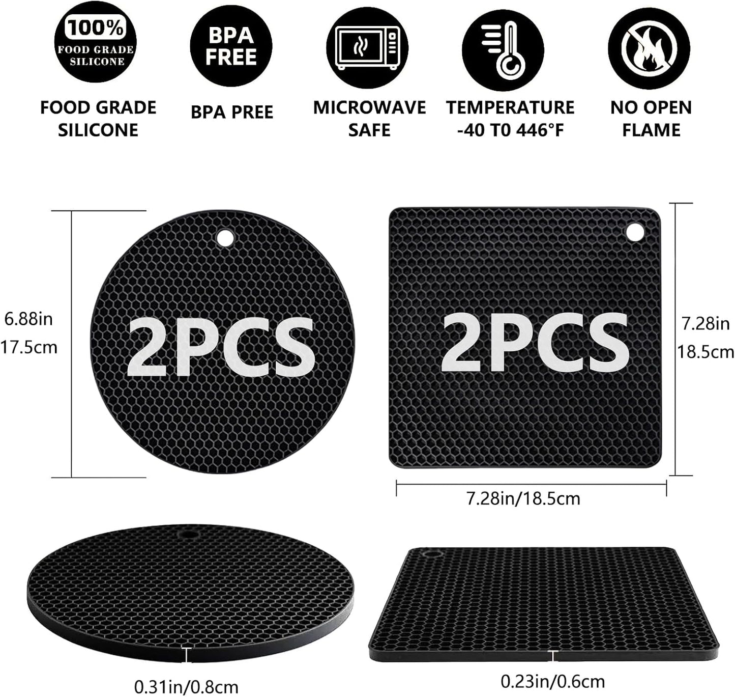 4 Pack Silicone Trivet Mats, Heat Resistant Pot Holders Non-Slip Hot Pads for Kitchen, Silicone Trivets for hot pots 2 Square and 2 Round Mats (Black)