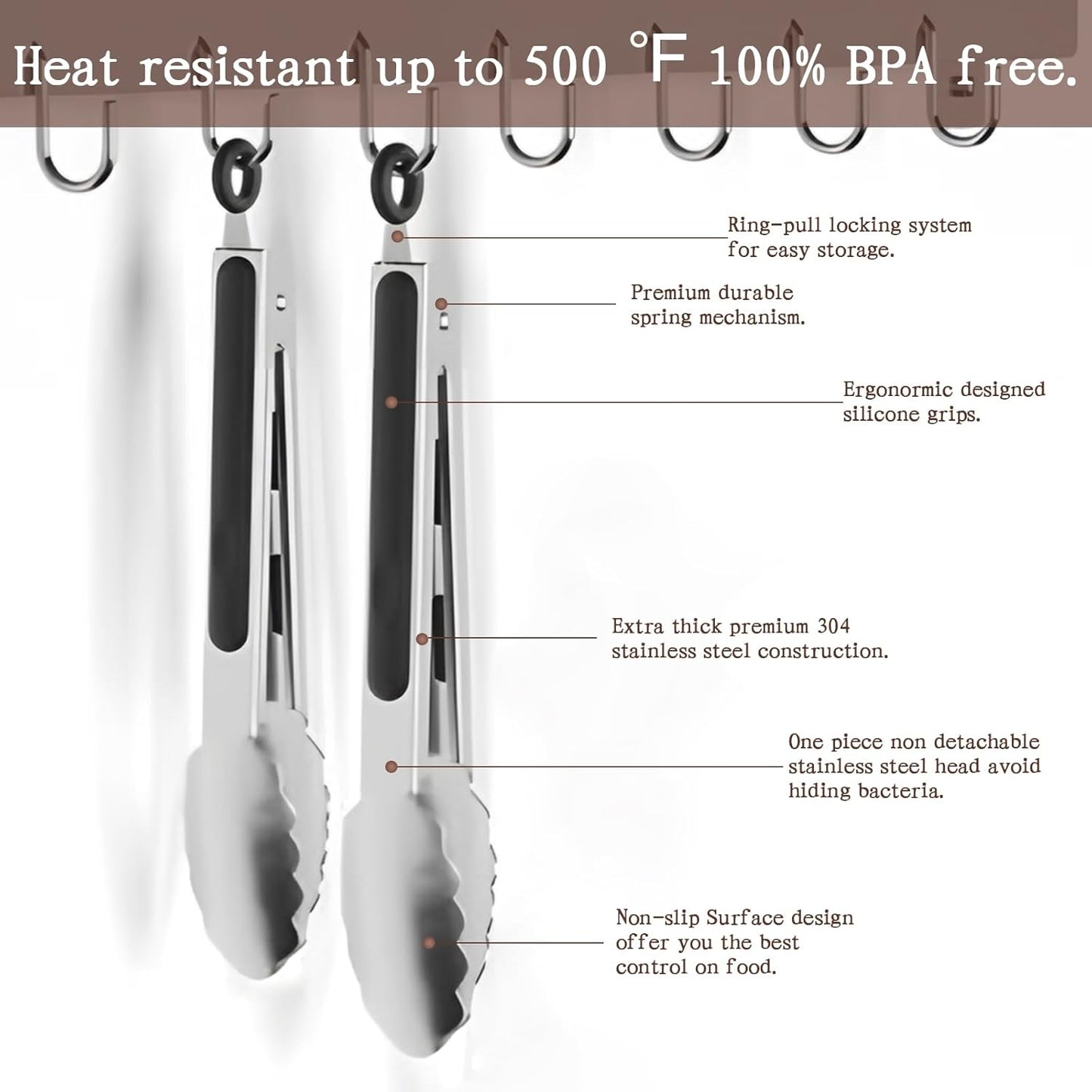 2 Pack Kitchen Tongs, 9" and 12" Stainless Steel Cooking Tongs, Non-Slip Heat Resistant Handle Heavy Duty Food Locking Tongs