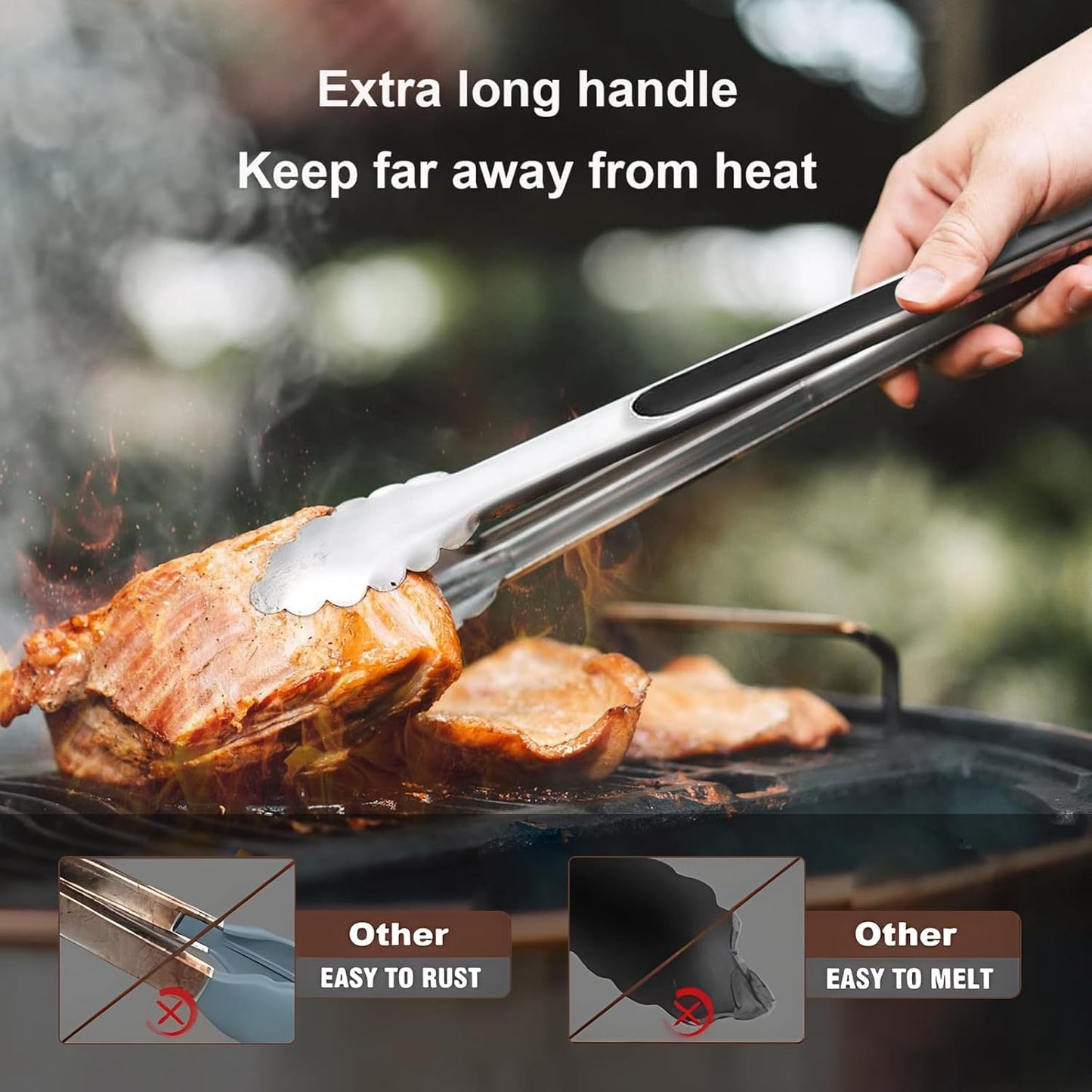 2 Pack Kitchen Tongs, 9" and 12" Stainless Steel Cooking Tongs, Non-Slip Heat Resistant Handle Heavy Duty Food Locking Tongs
