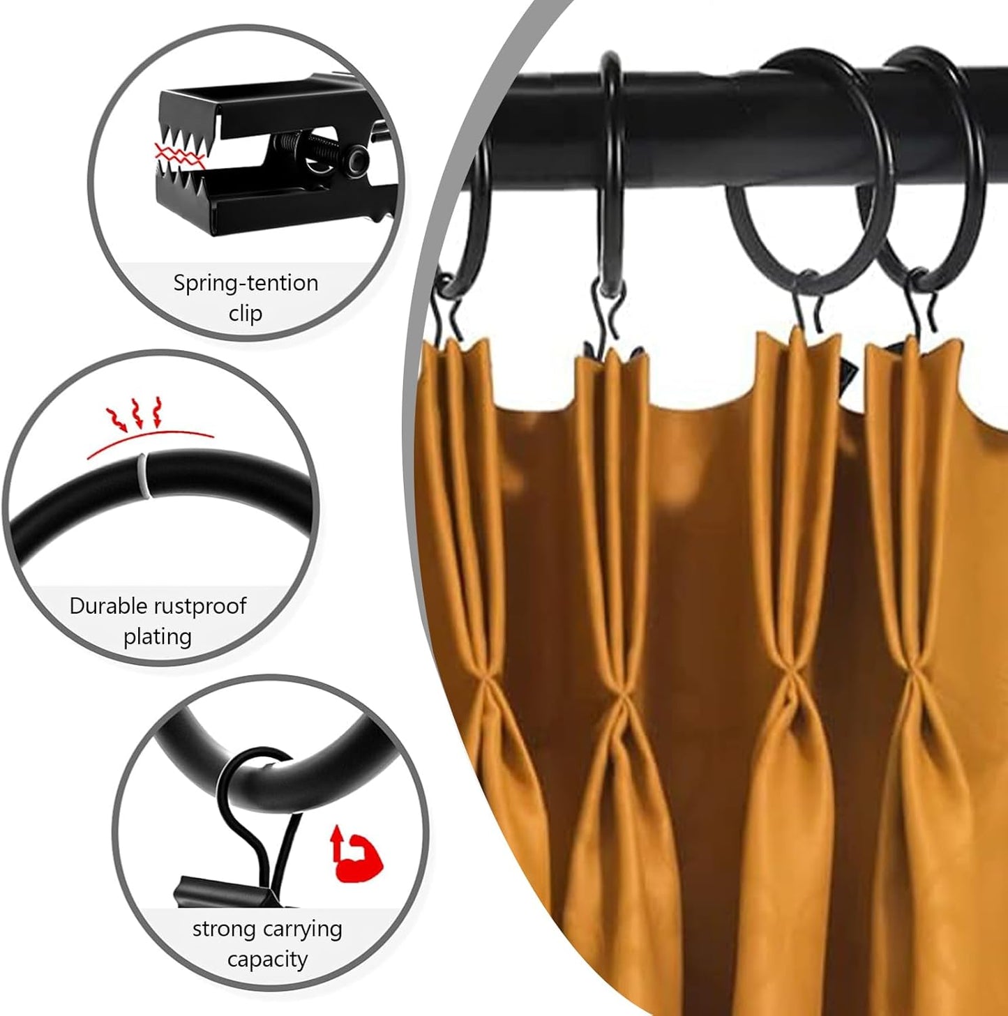 18 Pcs Curtain Rings with Clips, Drapes Rings 1.26 inch, Rustproof Metal Curtain Rings for Holding Curtains Rod Set and Drapes