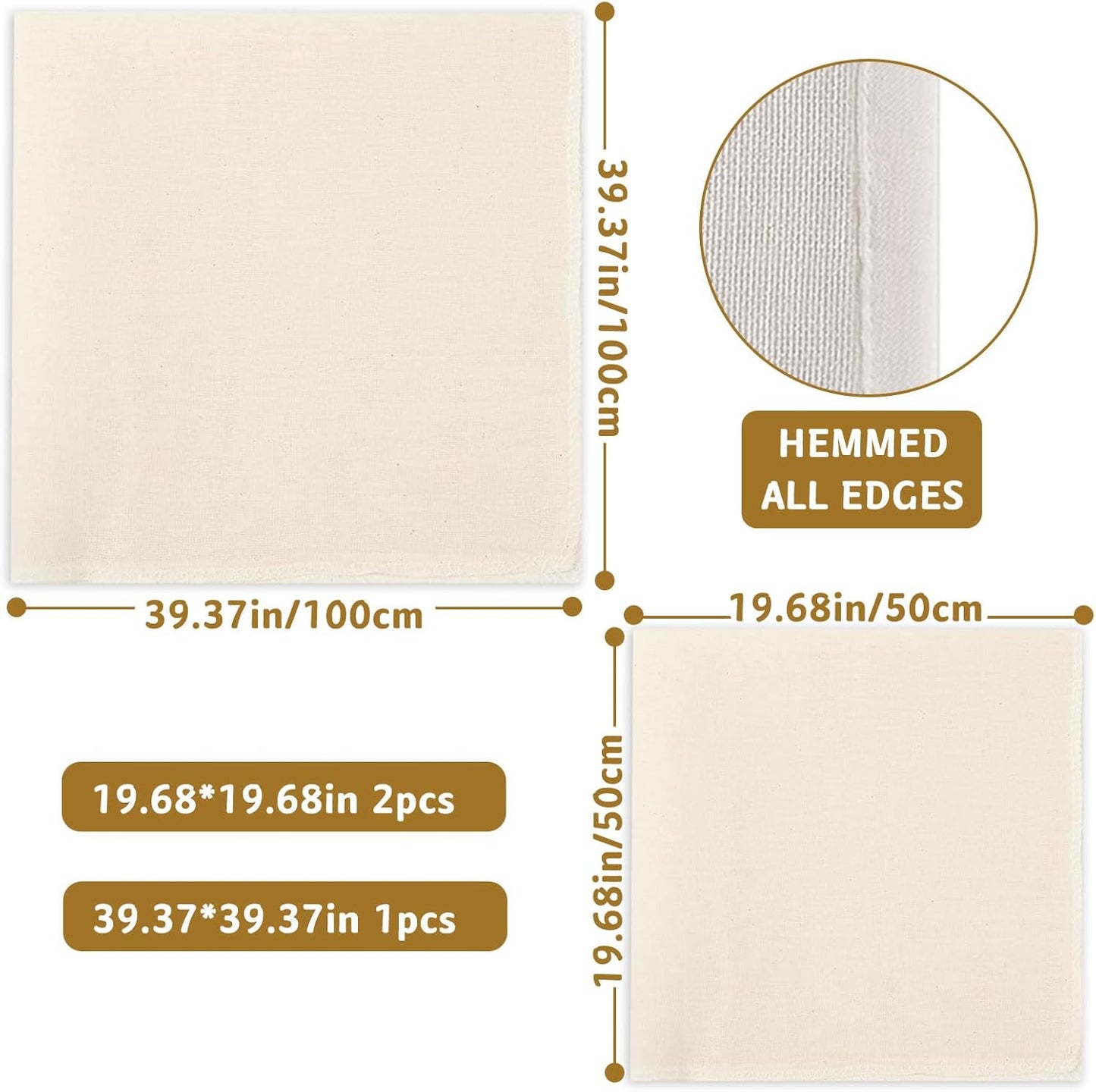 Cheese Cloths,100% Cotton Reusable Cheesecloth with Closed Edges, 2 Pcs 50 x 50cm and 1 Pcs 100 x 100cm Unbleached Muslin Cloth Mesh Fabric Filter for Straining, Cooking, Juice, Cheese Making