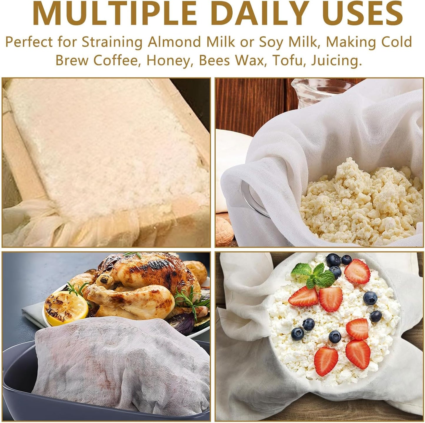 Cheese Cloths,100% Cotton Reusable Cheesecloth with Closed Edges, 2 Pcs 50 x 50cm and 1 Pcs 100 x 100cm Unbleached Muslin Cloth Mesh Fabric Filter for Straining, Cooking, Juice, Cheese Making