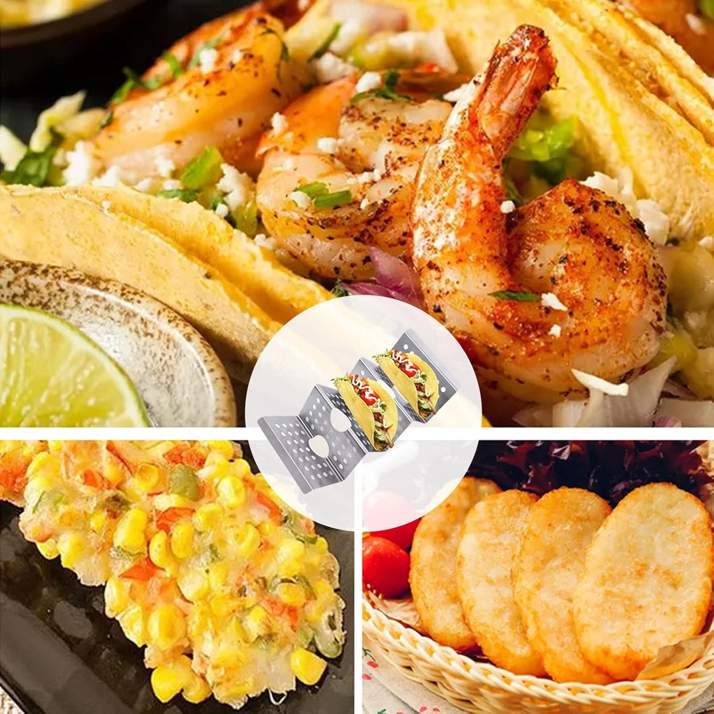 Taco Holders Taco Stand, 8 Packs Stainless Steel Taco Stand Rack Tray Hollow Corn Holders Can Hold 2 or 3 Shells Tacos