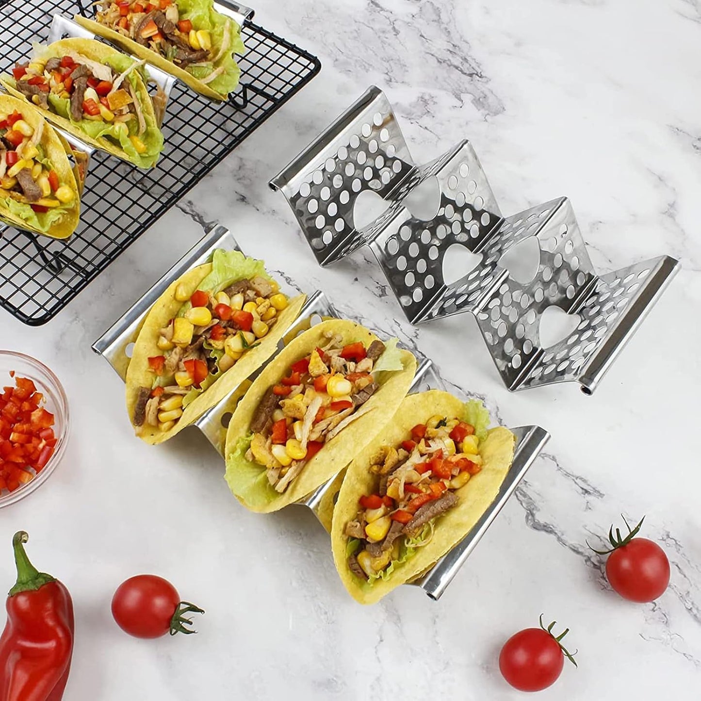 Taco Holders Taco Stand, 8 Packs Stainless Steel Taco Stand Rack Tray Hollow Corn Holders Can Hold 2 or 3 Shells Tacos