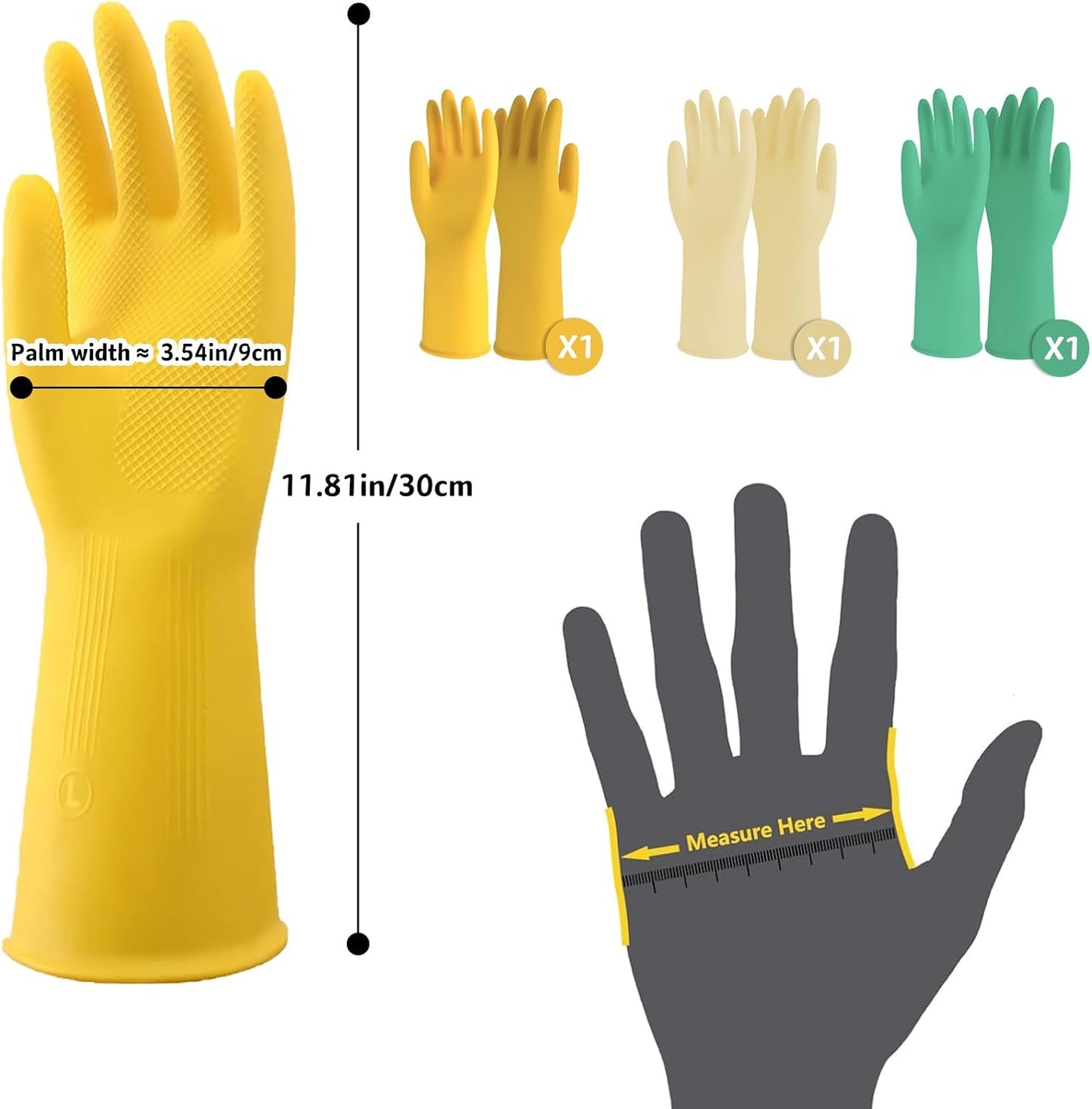 3 Pairs Rubber Cleaning Gloves for Household, Reusable Extra Thick Dishwashing Gloves Waterproof Non-Slip Gloves for Kitchen (Large, Beige+Yellow+Green）