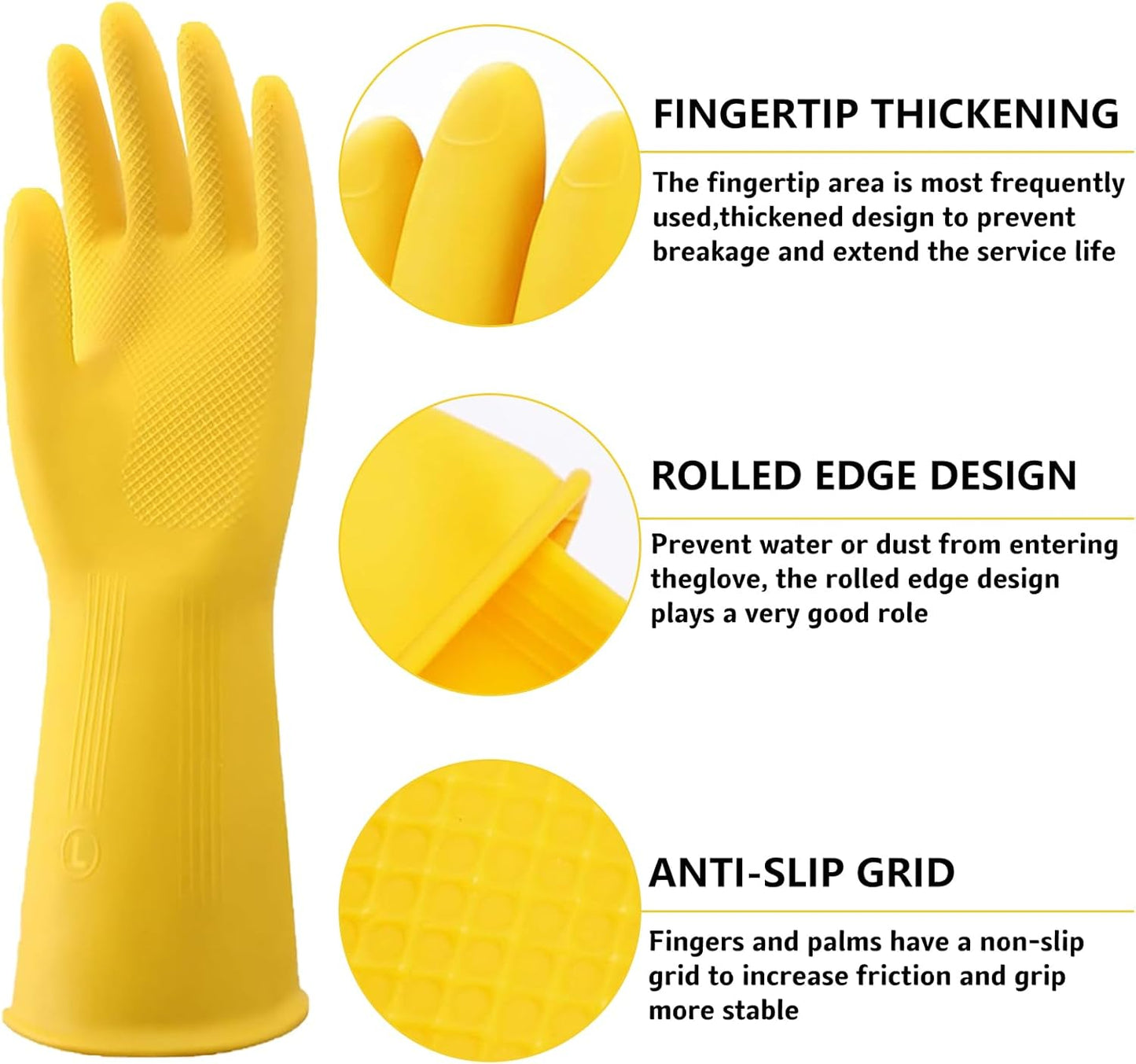 3 Pairs Rubber Cleaning Gloves for Household, Reusable Extra Thick Dishwashing Gloves Waterproof Non-Slip Gloves for Kitchen (Large, Beige+Yellow+Green）