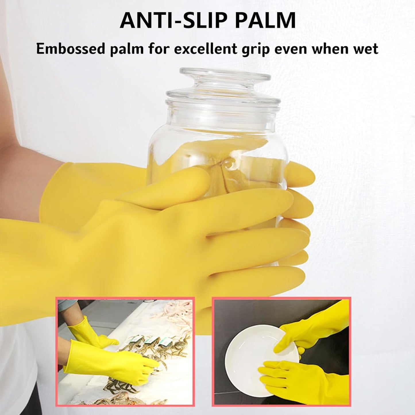 3 Pairs Rubber Cleaning Gloves for Household, Reusable Extra Thick Dishwashing Gloves Waterproof Non-Slip Gloves for Kitchen (Large, Beige+Yellow+Green）