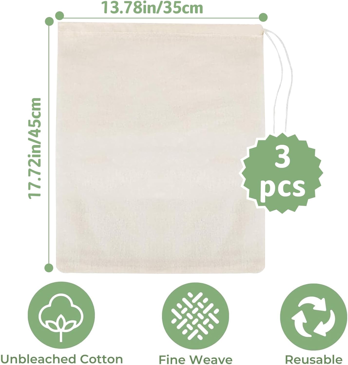 Nut Milk Bags, 3 Pack Cheesecloth Bags Filter, 13.78 x 17.72 in, Unbleached Cotton Muslin Cloth Bags for Cheese, Tea, Yogurt, Nut Milk, Juice, Wine, Coffee