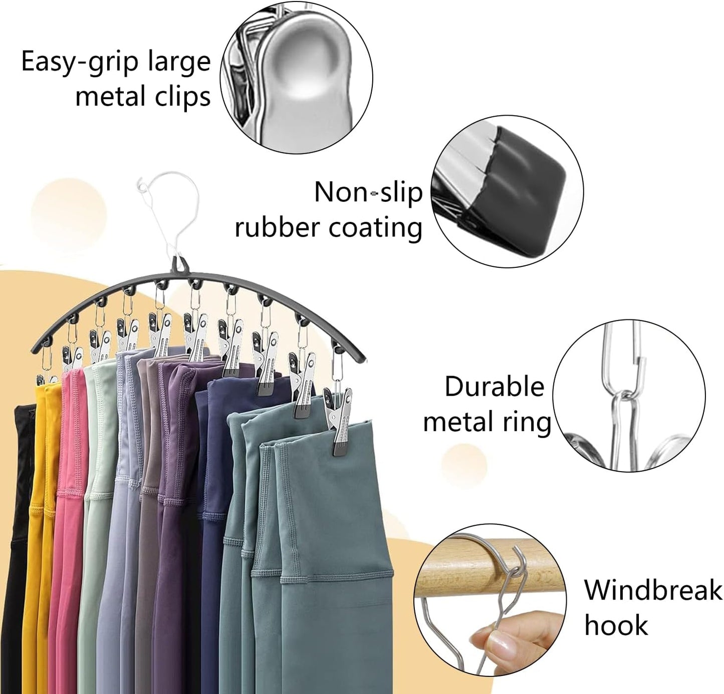 Legging Organizer for Closet, 2 Pack Metal Yoga Pants Hangers 10 Clips Holds 20 Leggings, Space Saving Hanging Closet Organizer Rubber Coated for Organizers and Storage (Black)