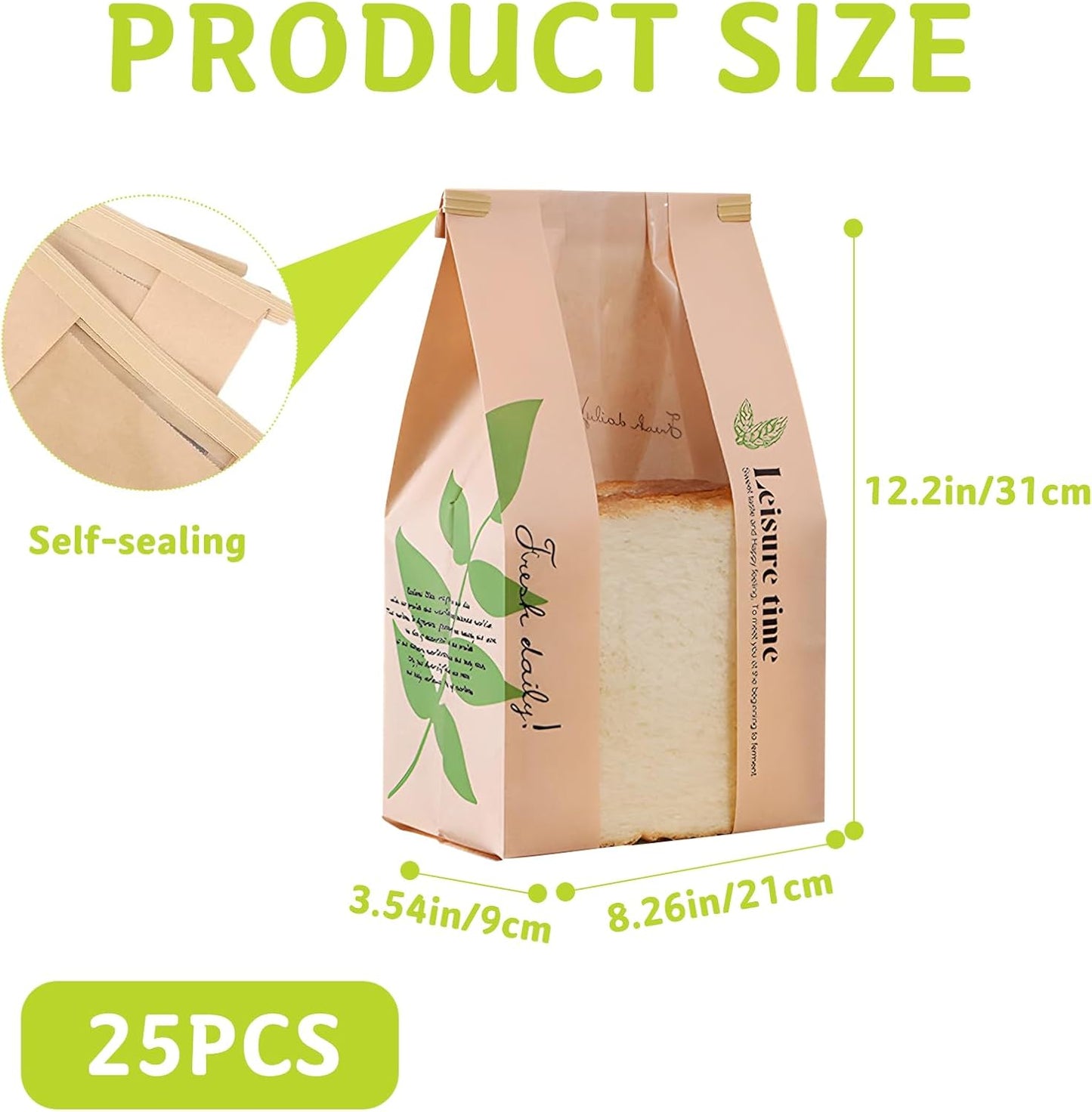 25 Pcs Paper Bread Bags with Sealing wire, for Homemade Bread, Sourdough Bag with Window, 12.2 x 8.3 x 3.5 inch Large Brown Kraft Toast Bags for Baked Food Packaging Storage