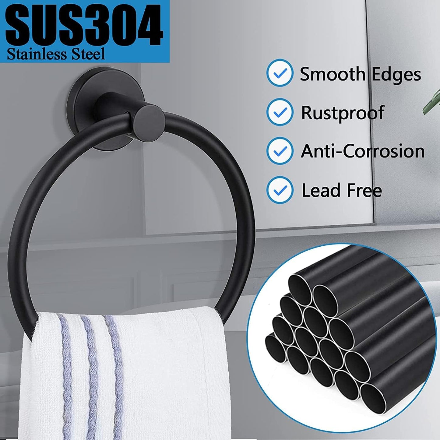 Hand Towel Ring, 304 Stainless Steel Towel Ring Hanging Round for Bathroom and Kitchen