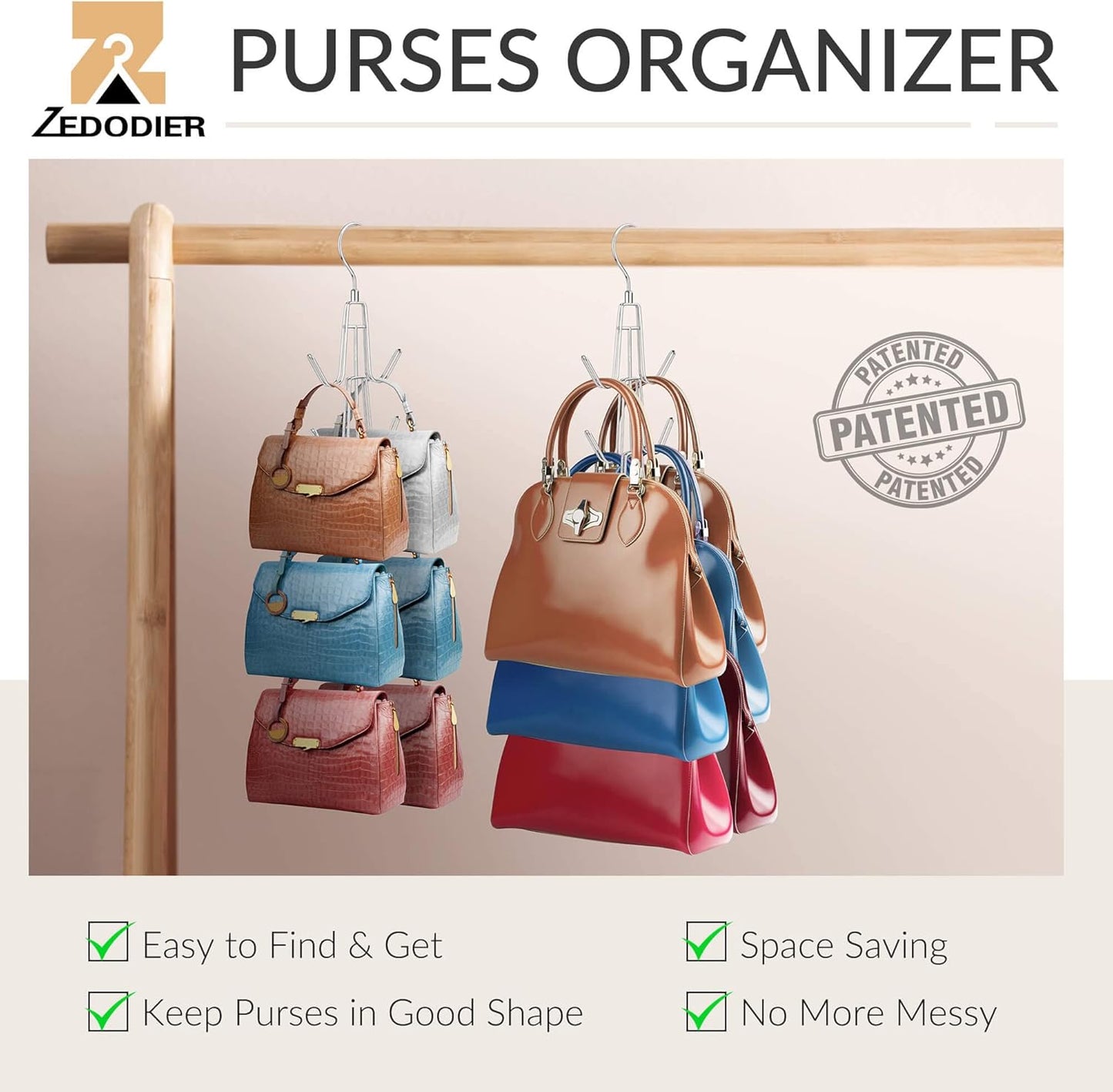 Purse Hanger Organizer for Closet, Hanging Bag Holder, Keeping Purses Visible and in Good Condition, Metal Handbag Storage Hook Backpack Rack Space Saving Hanger, Silver