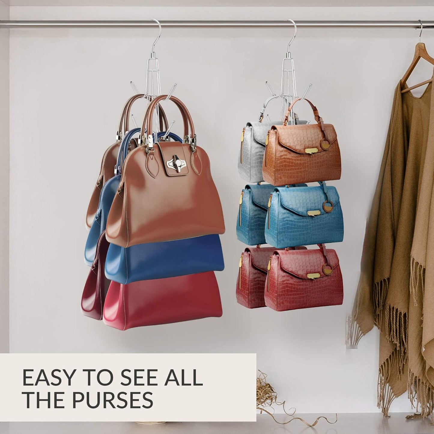 Purse Hanger Organizer for Closet, Hanging Bag Holder, Keeping Purses Visible and in Good Condition, Metal Handbag Storage Hook Backpack Rack Space Saving Hanger, Silver