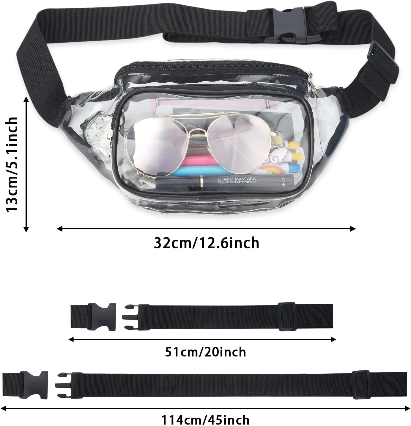 Clear Fanny Pack Stadium Approved, Waterproof Transparent Waist Bag, Clear Purse Adjustable Belt Bag for Travel, Beach, Events, Concerts Bag, Black, AB9285