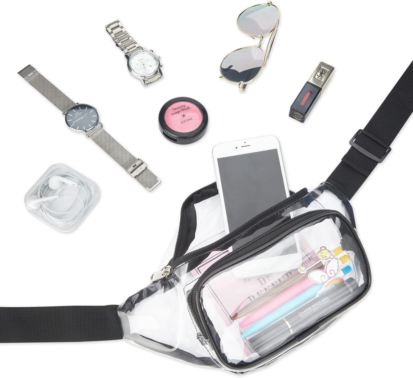 Clear Fanny Pack Stadium Approved, Waterproof Transparent Waist Bag, Clear Purse Adjustable Belt Bag for Travel, Beach, Events, Concerts Bag, Black, AB9285