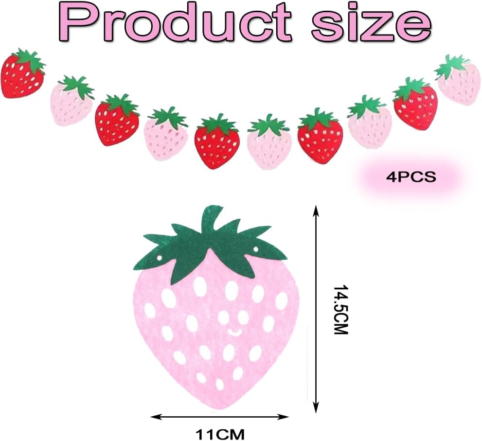 4Pcs Strawberry Party Banner,Berry First Birthday Decor, Pink & Red Hanging Garland for Shower, Strawberry Themed Party Favors & Supplies