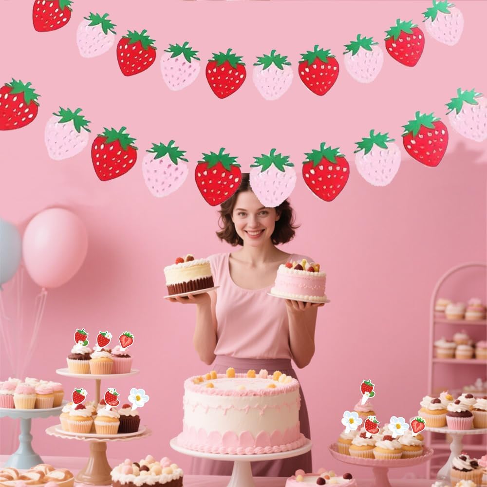 4Pcs Strawberry Party Banner,Berry First Birthday Decor, Pink & Red Hanging Garland for Shower, Strawberry Themed Party Favors & Supplies