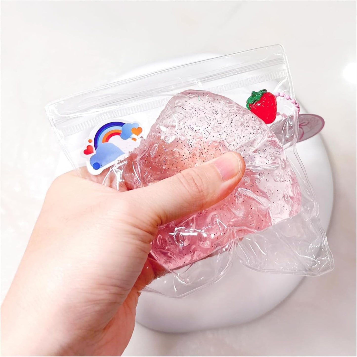 Taba Squishy Strawberry, Strawberry Taba Squishy Toys, Handmade Taba Squishy Clear Stress Relieving for Adults Office School (1 Fine Glitter)