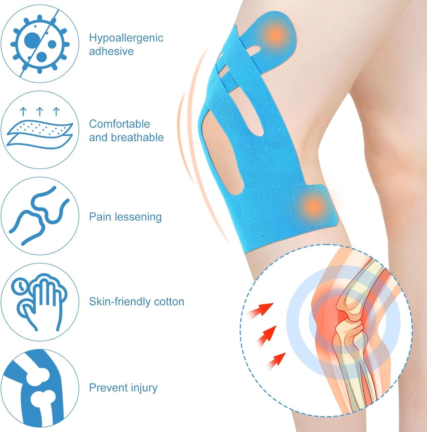 15pcs Precut Kinesiology Tape for Knees, Breathable & Waterproof Pre Cut Sport Tape Running Accessories Elastic Muscle Athletic Physio Kinetic Sticker Strips for Knee Stability and Muscle Support