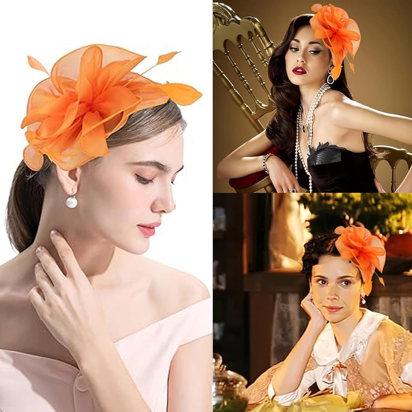 Fascinators Hat for Women Tea Party,Orange Feather Mesh Flower Fascinator with Headband and Clip Wedding Tea Party Derby Fascinator Hats