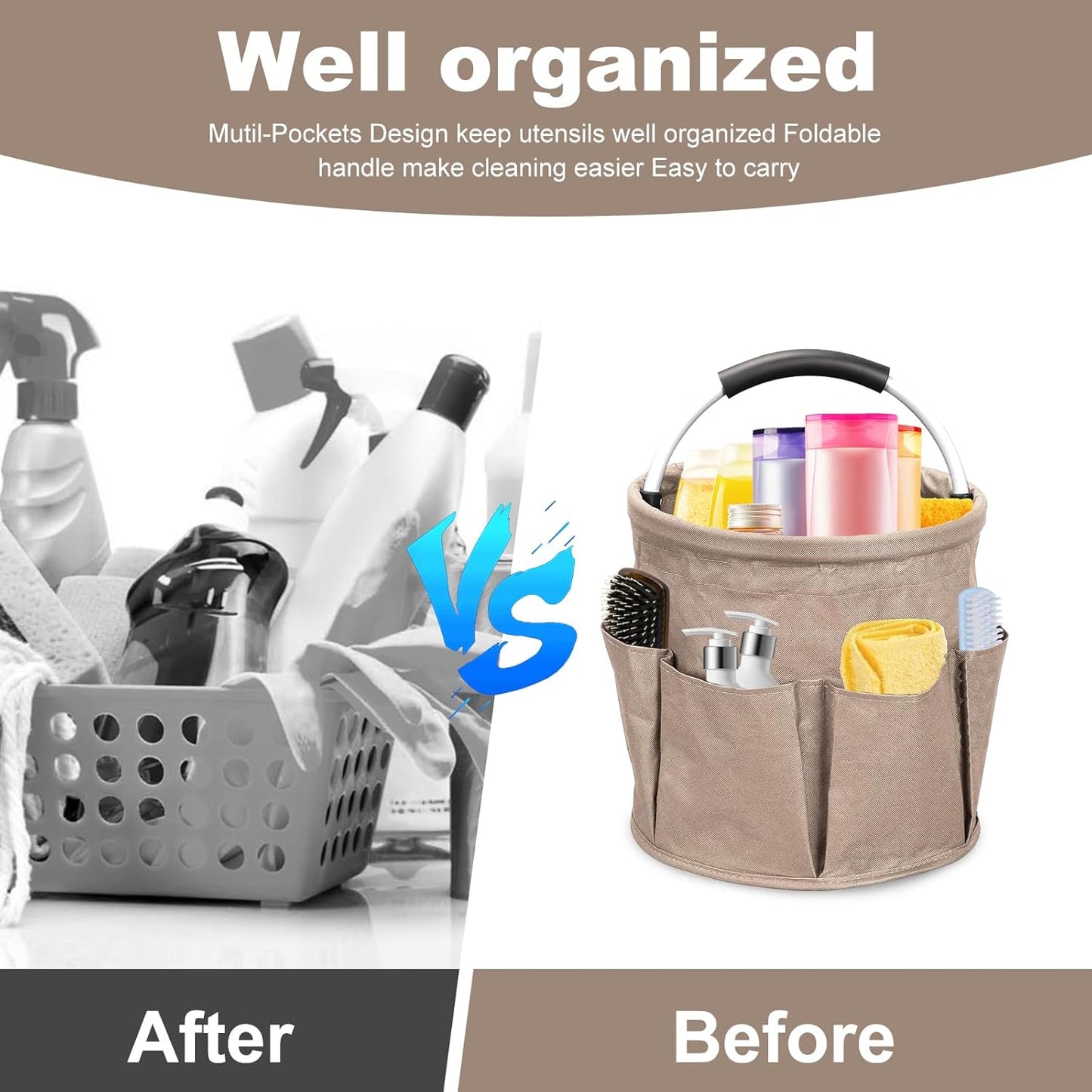 Cleaning Caddy,Cleaning Bag Organizer with Handle Tools Bag for Detailing Supplies, Bag Only, Gray Edge (Khaki)