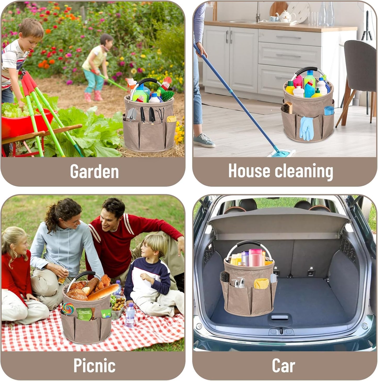 Cleaning Caddy,Cleaning Bag Organizer with Handle Tools Bag for Detailing Supplies, Bag Only, Gray Edge (Khaki)