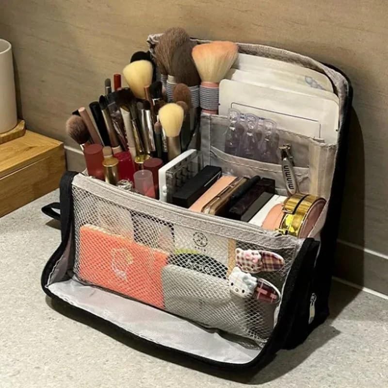 Multi-Purpose Large Capacity Oxford Cloth Standing Makeup Bag – Portable Lightweight Canvas Organizer with Multiple Compartments, Upright Design for Cosmetics & Stationery Storage (Black)