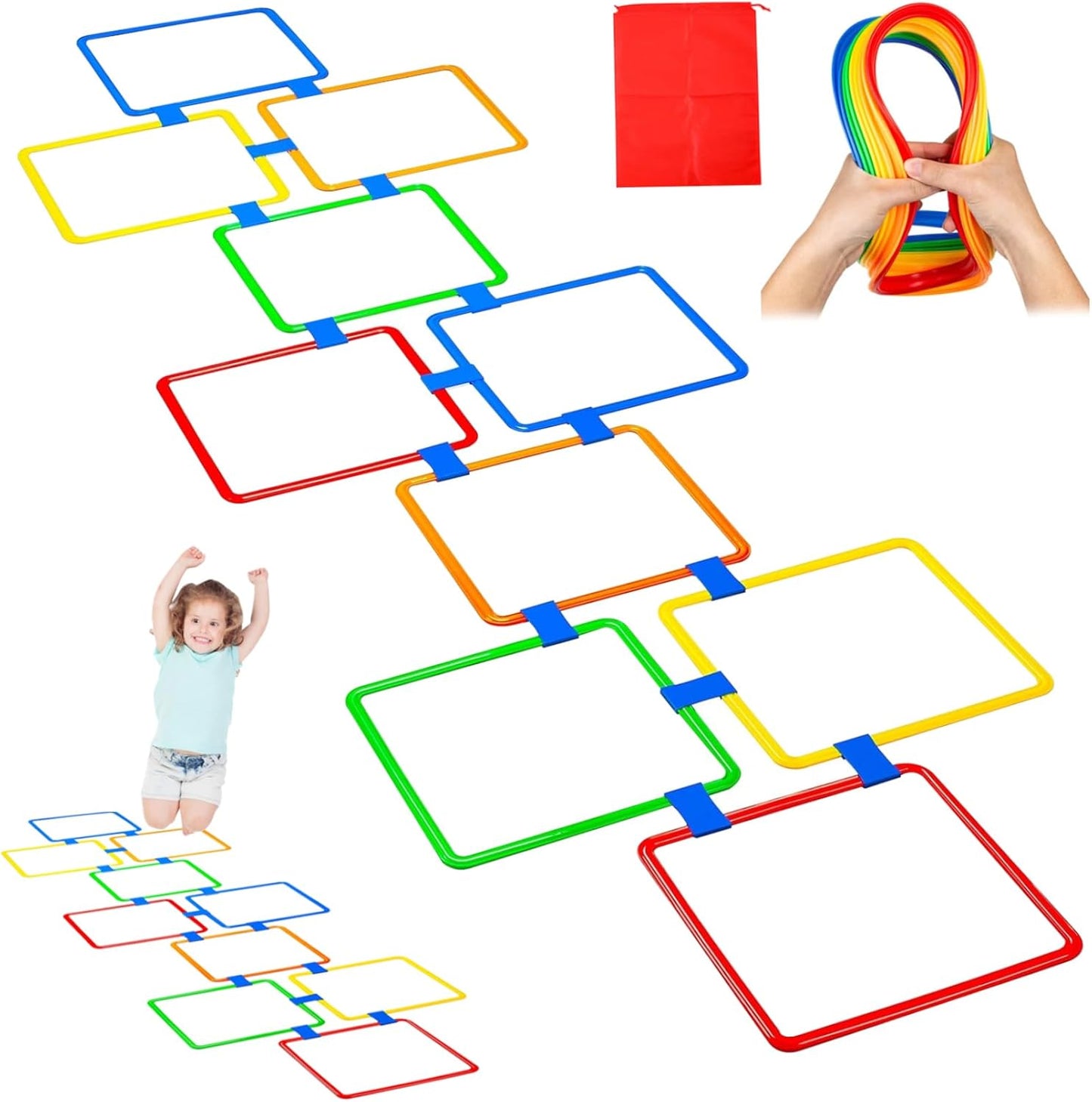 Hopscotch Rings Game, 10Pcs Square Hopscotch Rings 15 Inch Multi-Colored Obstacle Course Fun Play Kids Outdoor Play Equipment Squares, Rug