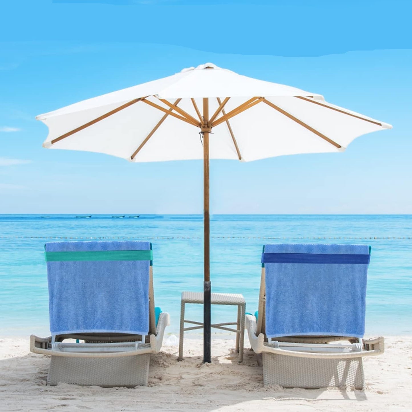 Beach Towel Bands, 38-91 cm Silicone Clips for Pool and Cruise Chairs, Blue and Turquoise, Pack of 4