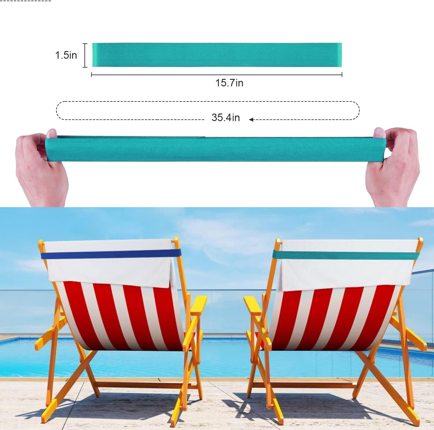 Beach Towel Bands, 38-91 cm Silicone Clips for Pool and Cruise Chairs, Blue and Turquoise, Pack of 4