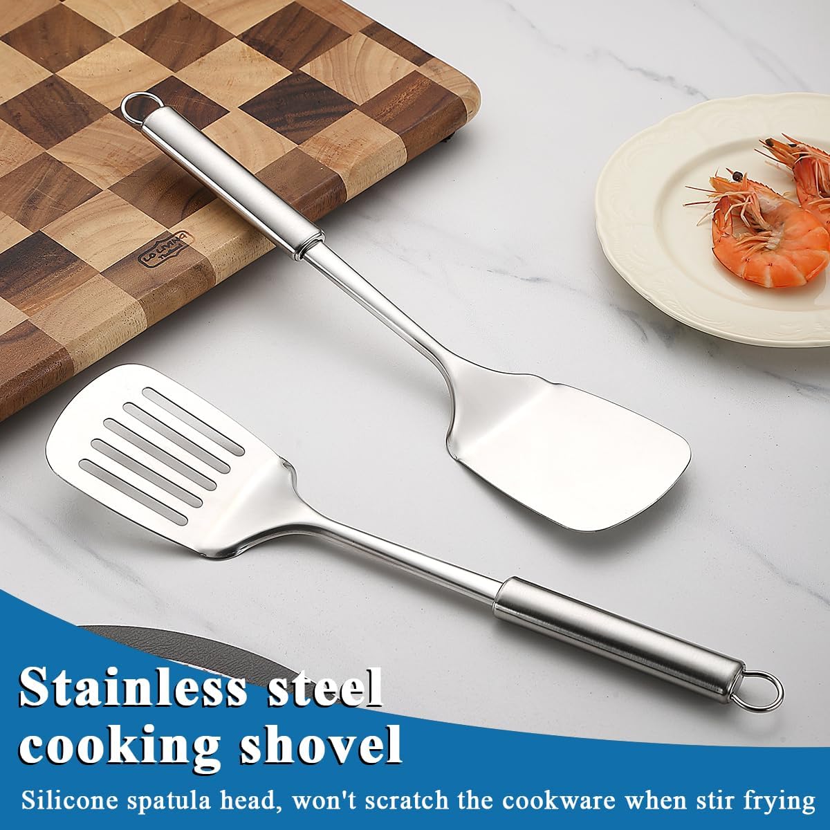 Stainless Steel Spatulas Set,  Silver Slotted Turner, Solid Turner, Heavy Duty Sturdy Kitchen Spatula High Heat Resistant, Ideal Cookware for Fish,Eggs,Pancakes, Dishwasher Safe, Easy to Clean