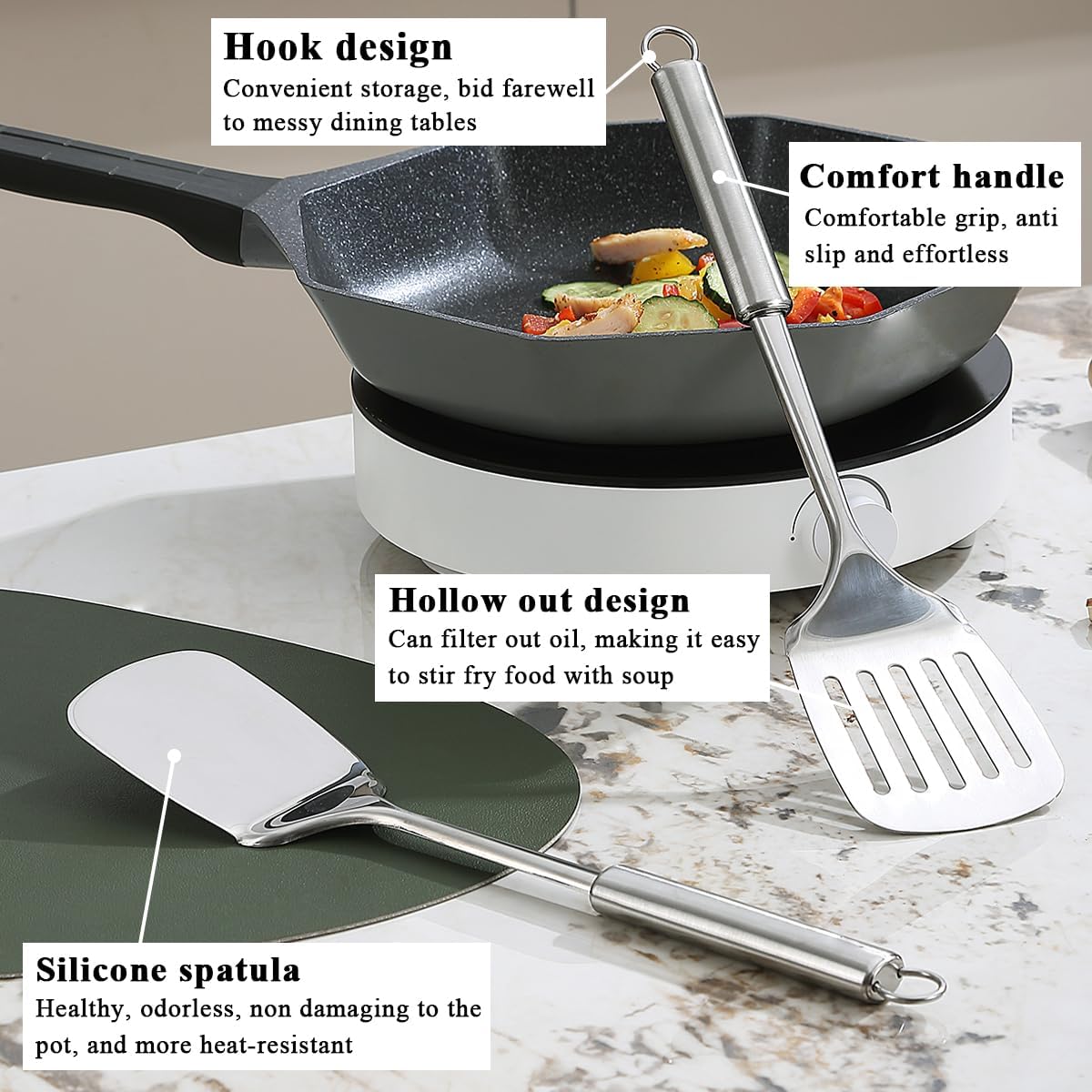 Stainless Steel Spatulas Set,  Silver Slotted Turner, Solid Turner, Heavy Duty Sturdy Kitchen Spatula High Heat Resistant, Ideal Cookware for Fish,Eggs,Pancakes, Dishwasher Safe, Easy to Clean