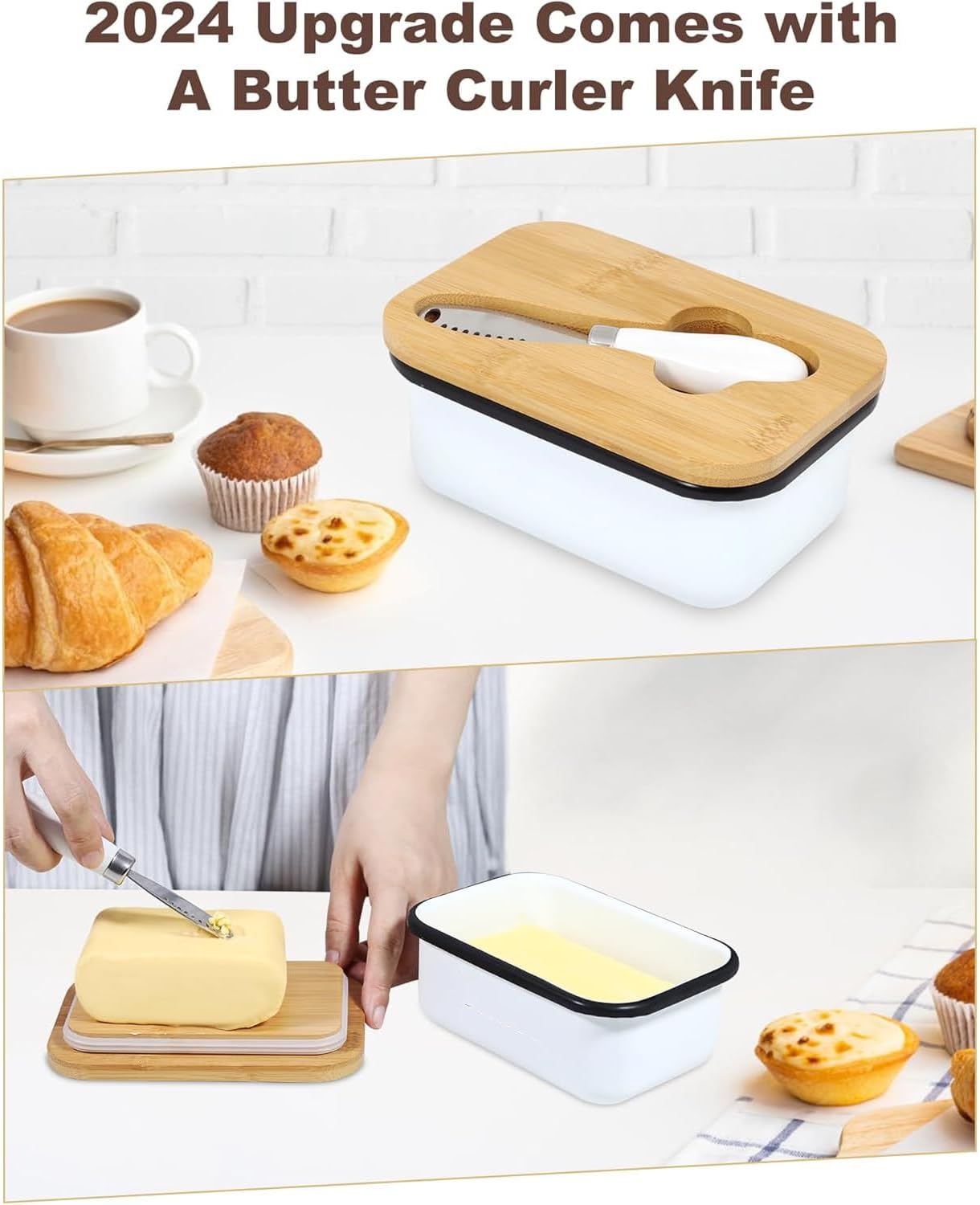 Butter Dish with Lid for Countertop, AISBUGUR Metal Butter Keeper, Includes Stainless Steel Multipurpose Butter Knife, Large Silicone-Enhanced Butter Container, Perfect Kitchen Gift - White