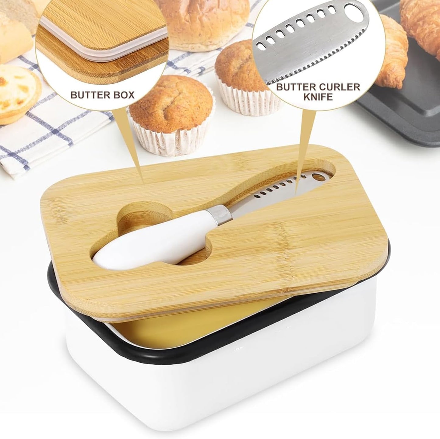 Butter Dish with Lid for Countertop, AISBUGUR Metal Butter Keeper, Includes Stainless Steel Multipurpose Butter Knife, Large Silicone-Enhanced Butter Container, Perfect Kitchen Gift - White