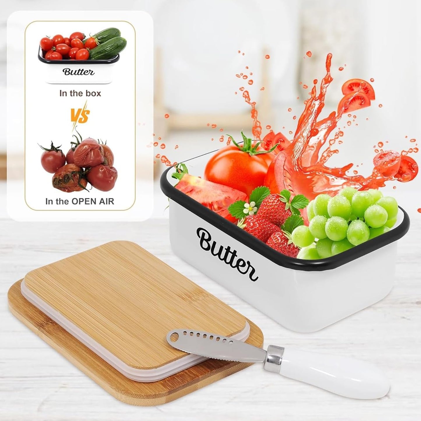 Butter Dish with Lid for Countertop, AISBUGUR Metal Butter Keeper, Includes Stainless Steel Multipurpose Butter Knife, Large Silicone-Enhanced Butter Container, Perfect Kitchen Gift - White