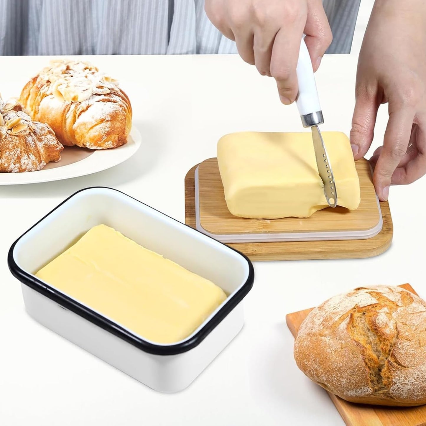 Butter Dish with Lid for Countertop, AISBUGUR Metal Butter Keeper, Includes Stainless Steel Multipurpose Butter Knife, Large Silicone-Enhanced Butter Container, Perfect Kitchen Gift - White